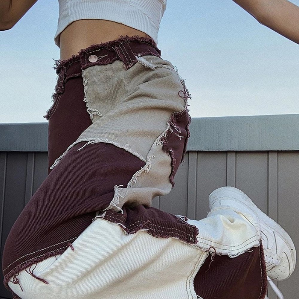 Patchwork Contrast High Waist Pants Denim Jeans